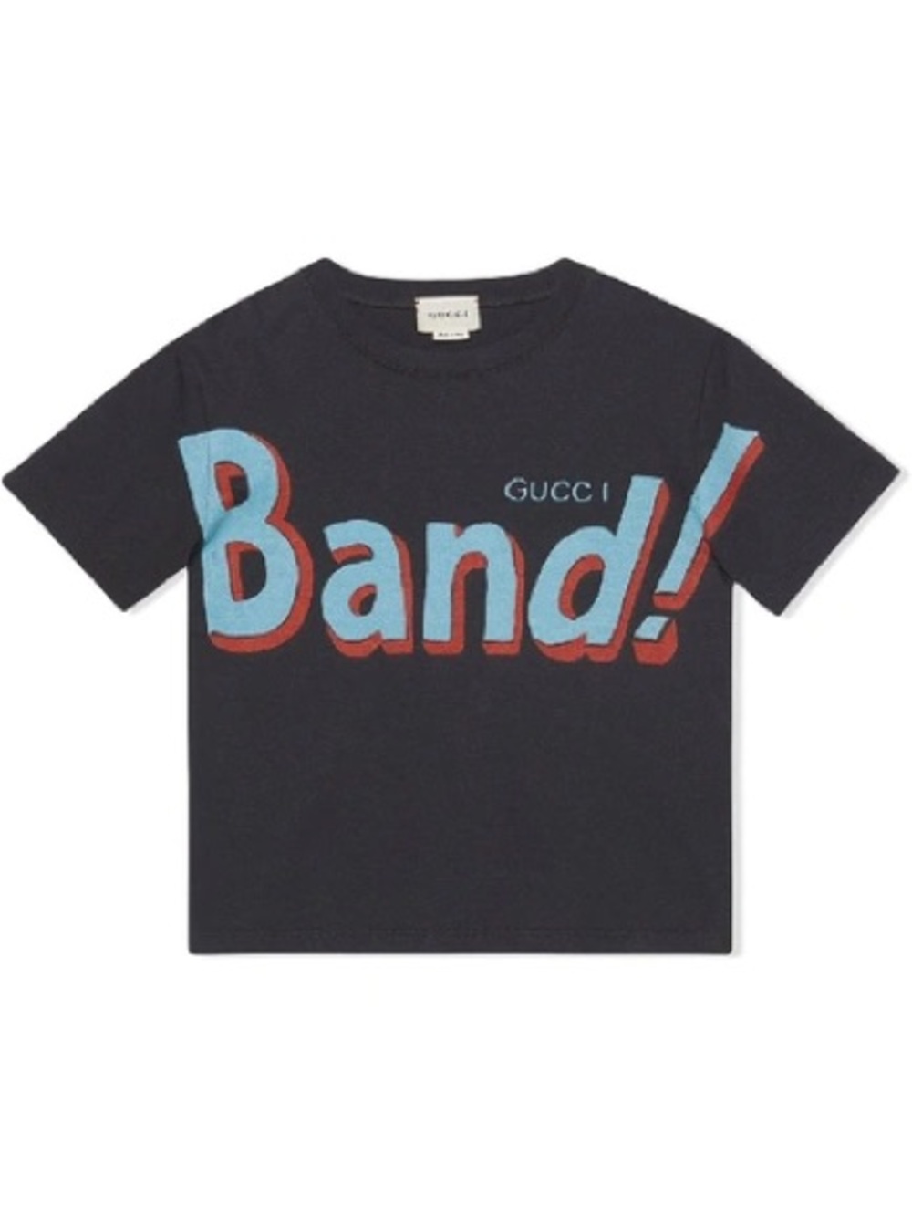 Gucci Kids Black Short-Sleeve 'Band!' Graphic Tee with Blue and Red Print